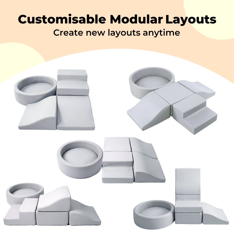 Dekko Soft Play Set 5Pc PU Leather Foam Blocks Baby Climbing Sliding Indoor Grey