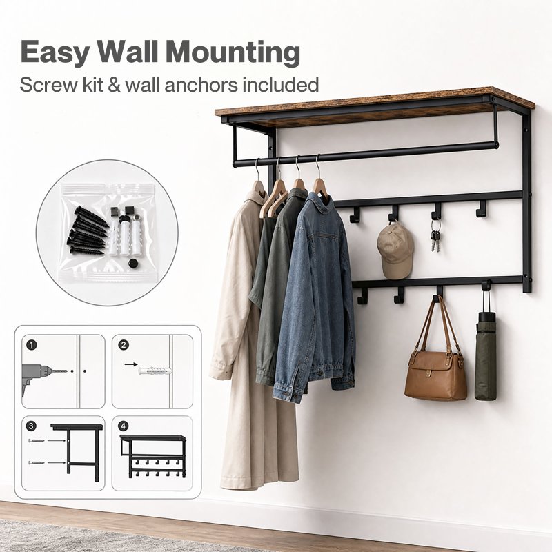 Levede Coat Rack Wall Mounted 10kg Wooden Shelf Hooks Hanger Storage Metal Brown