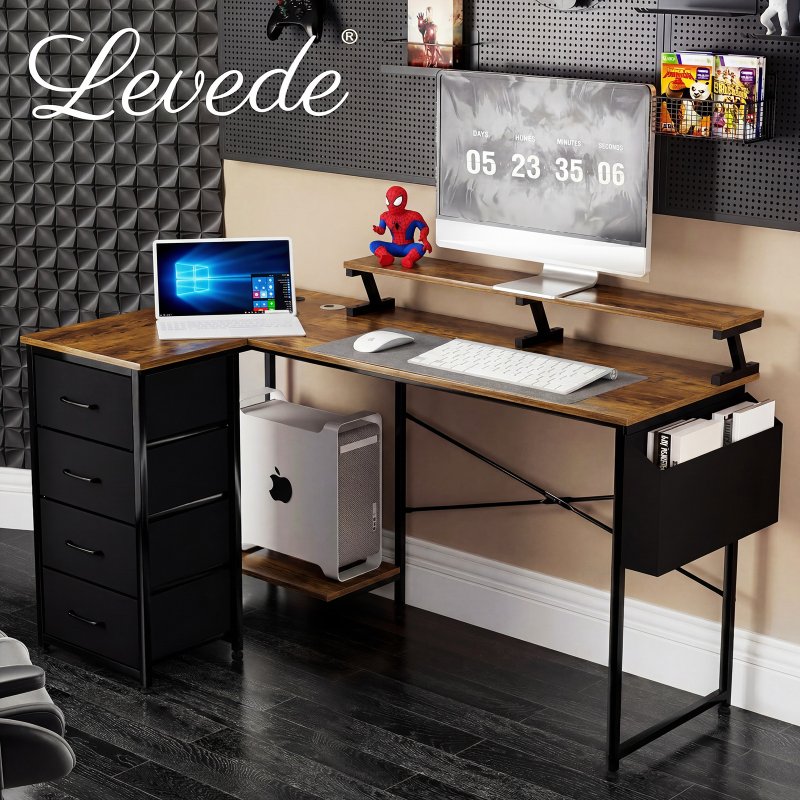 Levede Gaming Desk L Shaped with USB Charging Port Power Outlet Walnut Color