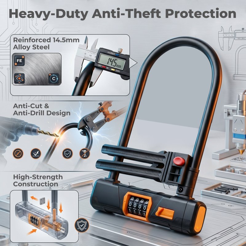 Bike Lock Combination, D Lock with Cable, 4 Digit Alloy Steel, Black Orange