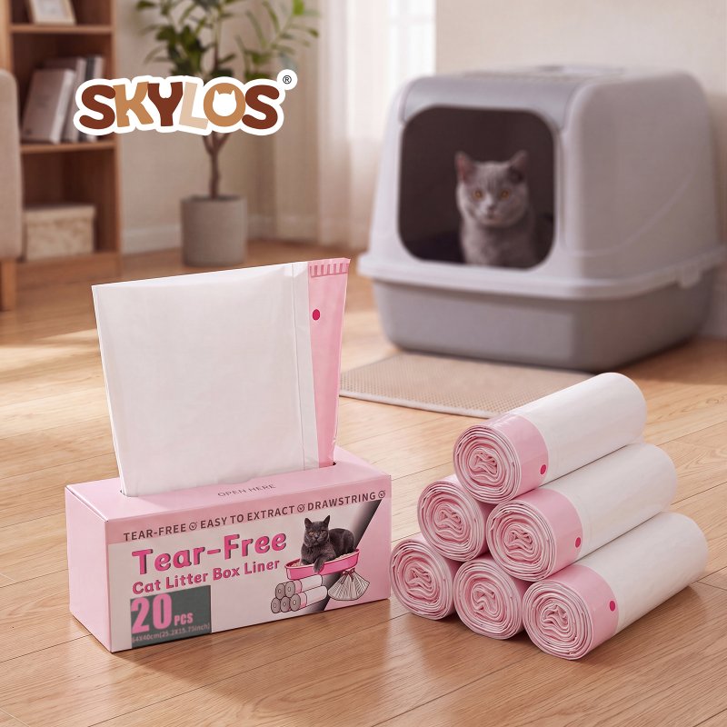 Skylos Cat Litter Bags for Robot Litter Box Drawstring 120 Pack HDPE Pink