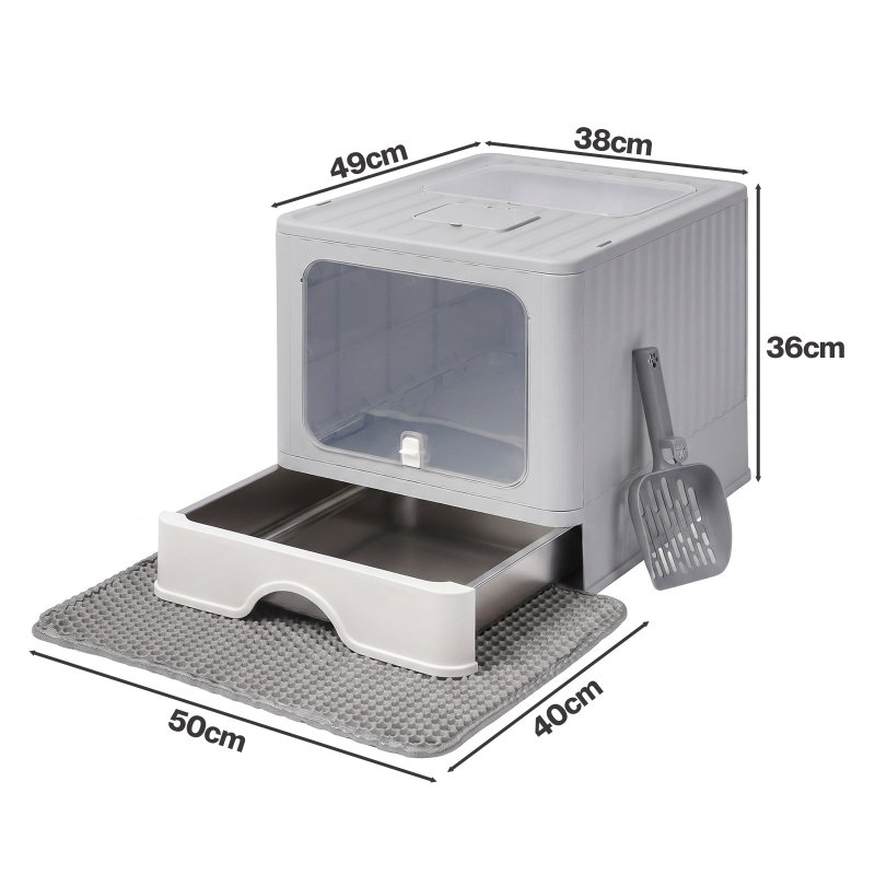 Skylos Cat Litter Box Stainless Steel Enclosed Drawer Odor Control Foldable Grey