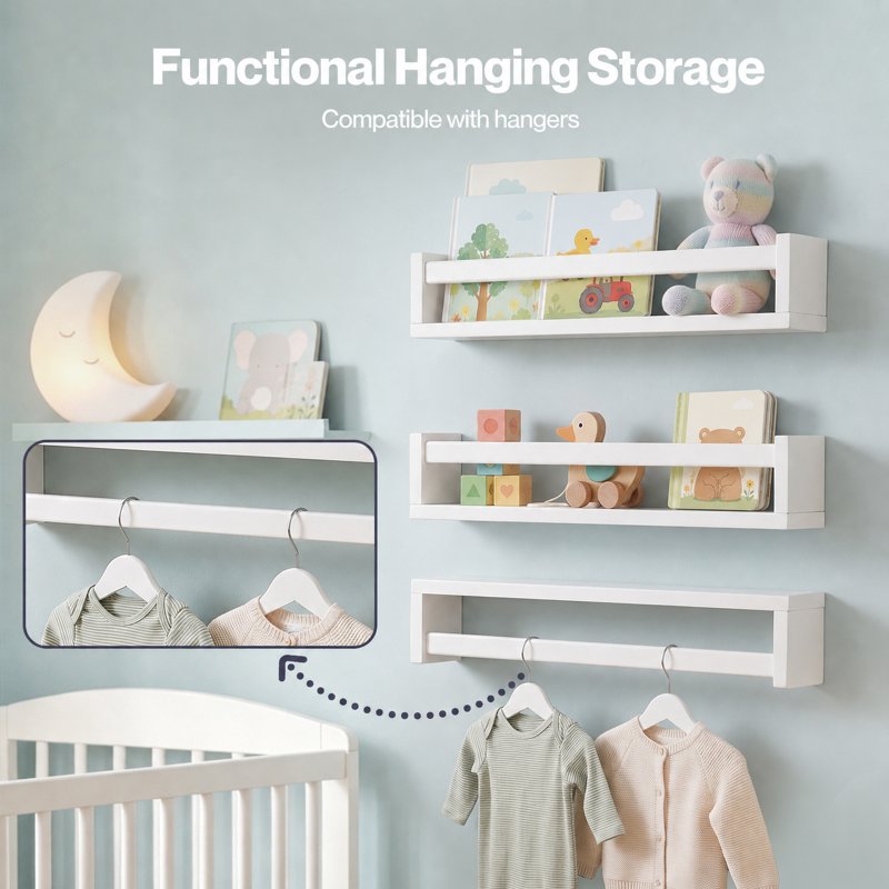 Levede Nursery Book Shelves Kids Wall Floating Shelf White Solid Wood 3 Pack