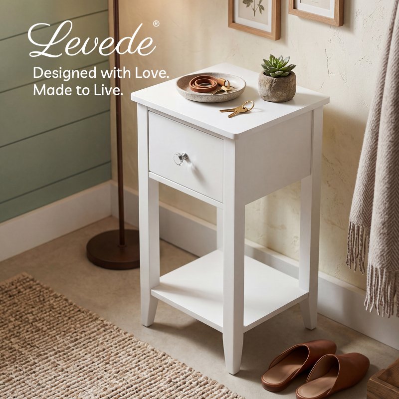Levede Bedside Table Slim Modern End Table Drawer & Shelf Bedroom White