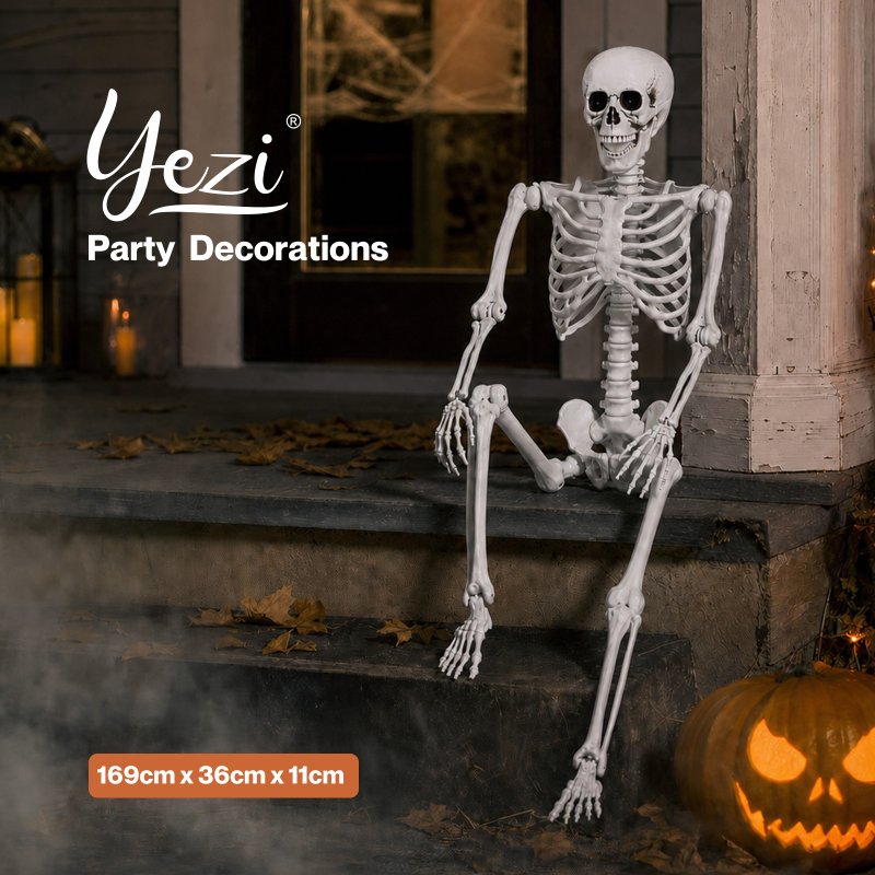 Yezi Halloween Skeleton Life Size 169cm Posable Jointed ABS Spooky Patio White
