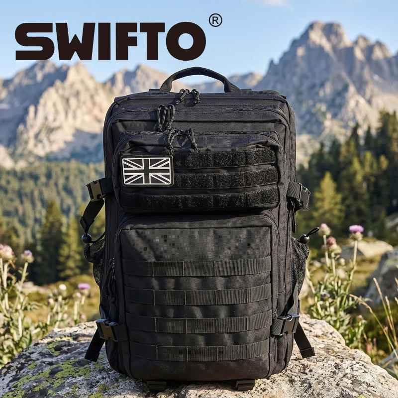 Swifto Military Backpack 45L, Tactical Backpack, 900D Oxford, Black