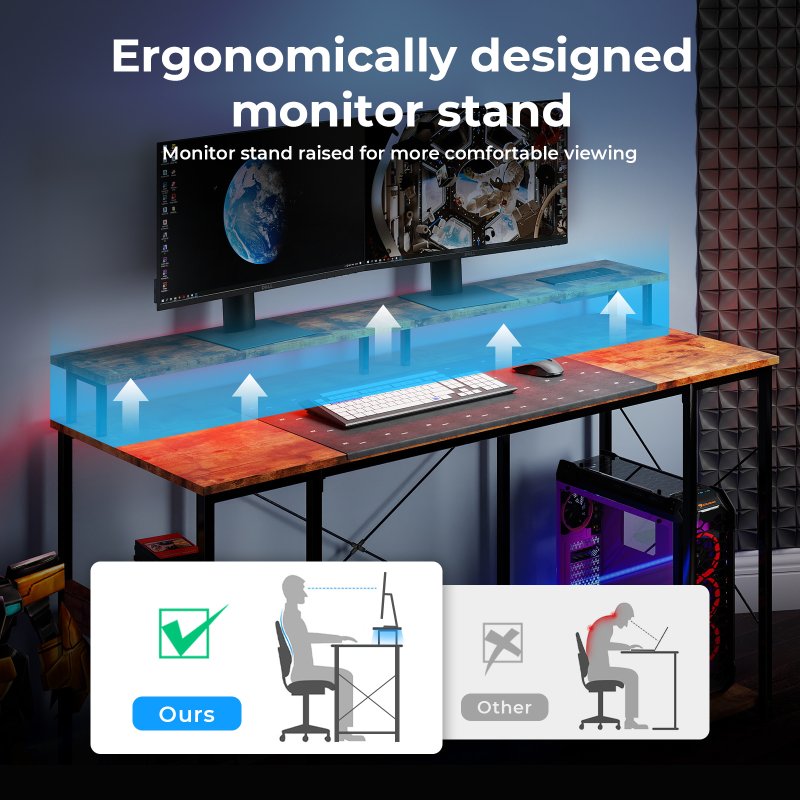 Levede Gaming Desk Computer Table with Monitor Shelf Power Outlets RGB Light