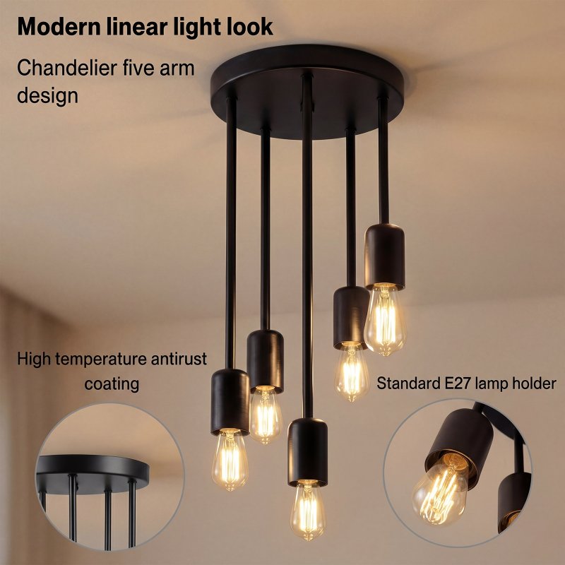 Emitto Ceiling Lights 5 Lights Flush Fitting Pendant Lamp E27 Base Black