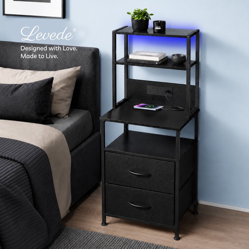 Levede Bedside Table with Charging Station,LED Light 2 Drawers Storage Black