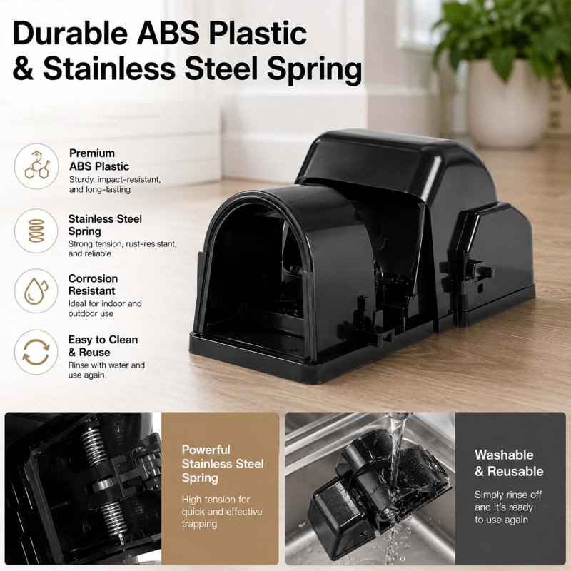 TOQUE Mouse Trap Quick Tunnel Catch Safe Reusable Indoor for Kitchen Black 4pc