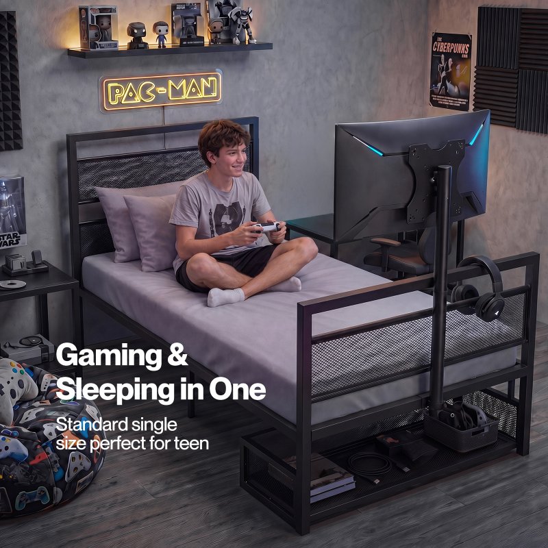 Levede Single Bed Frame Gaming Bed TV Bed 360 Rotating Mount Metal Black