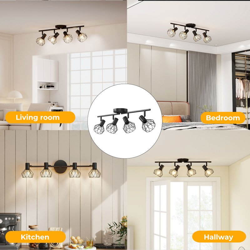 EMITTO LED Spot Ceiling Light 4-Way Adjustable Vintage Black Metal E14 Fixture