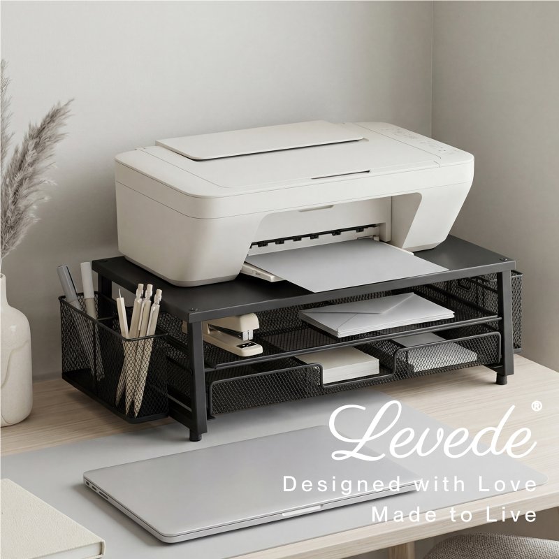 Levede Monitor Riser Desk Organiser with Drawer Metal Monitor Stand Black