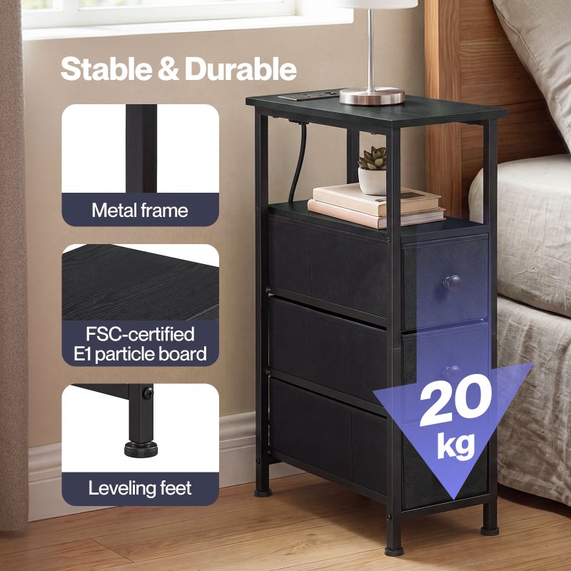 Levede Slim Bedside Table with Charging Station 3 Drawers for Bedroom Black