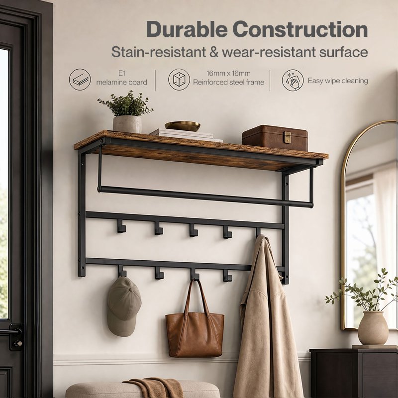 Levede Coat Rack Wall Mounted 10kg Wooden Shelf Hooks Hanger Storage Metal Brown