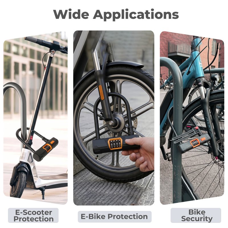 Bike Lock Combination, D Lock with Cable, 4 Digit Alloy Steel, Black Orange