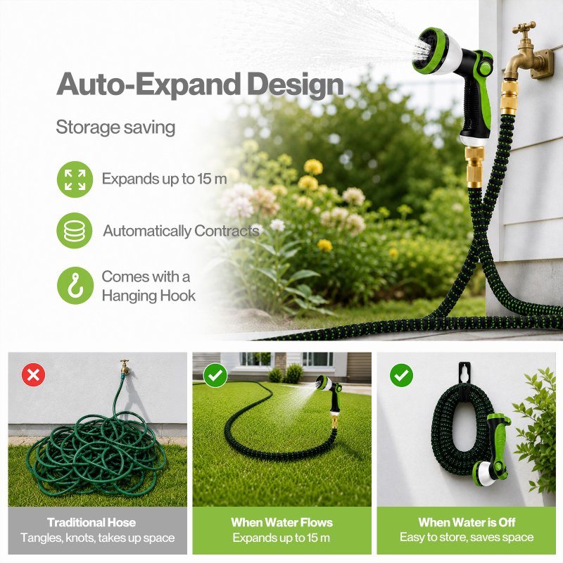 Traderight Expandable Garden Hose 5m to 15m 10-Pattern Nozzle Kink-Free Green