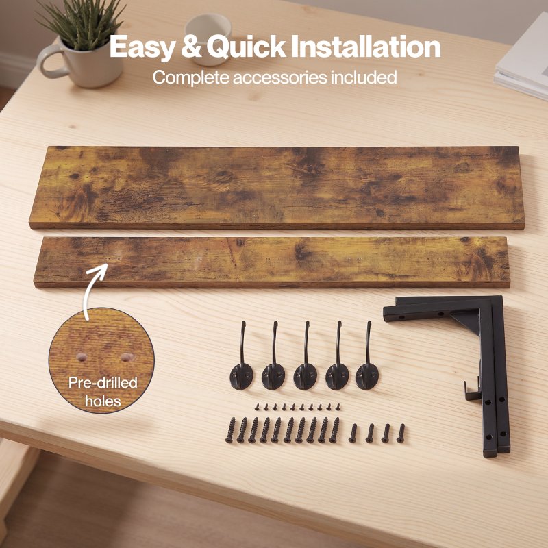 Levede Coat Rack Wall Mounted Shelf 7 Hooks Heavy Duty Entryway Storage Brown