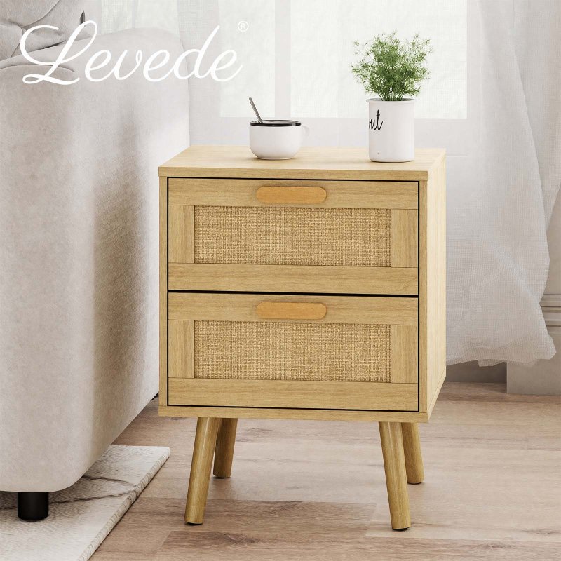 Levede Bedside Table Rattan 2 Pack Drawers Nightstand End Table Bedroom Bamboo