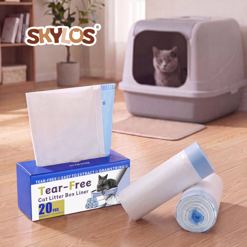 Skylos Cat Litter Bags Auto Scoop Bin Liners Heavy Duty Drawstring 40 Pack Blue