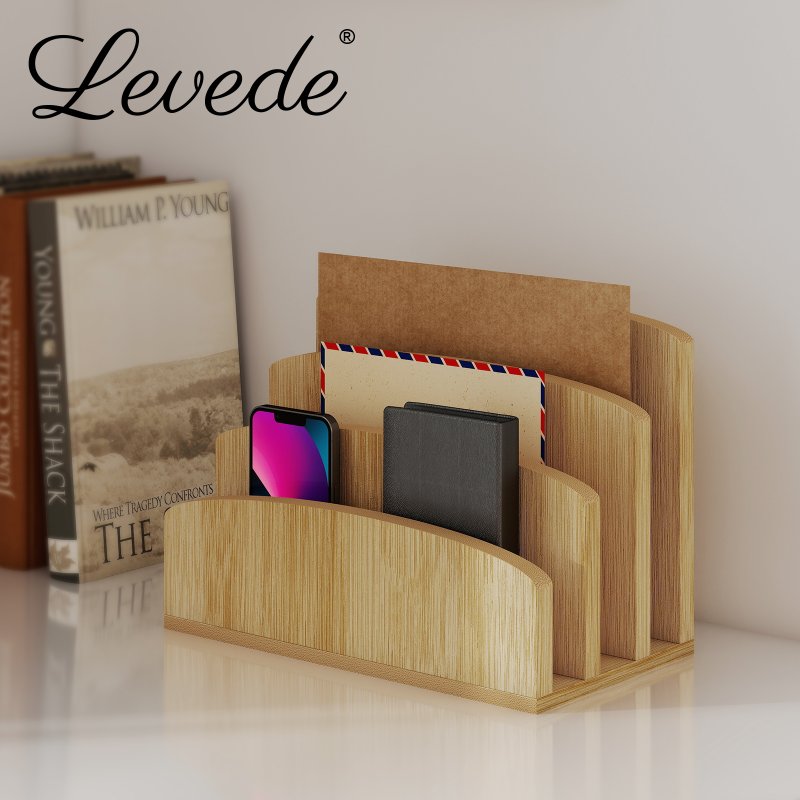 Toque 4-Slot Bamboo Letter File Rack Desktop Document Organizer Mail Sorter
