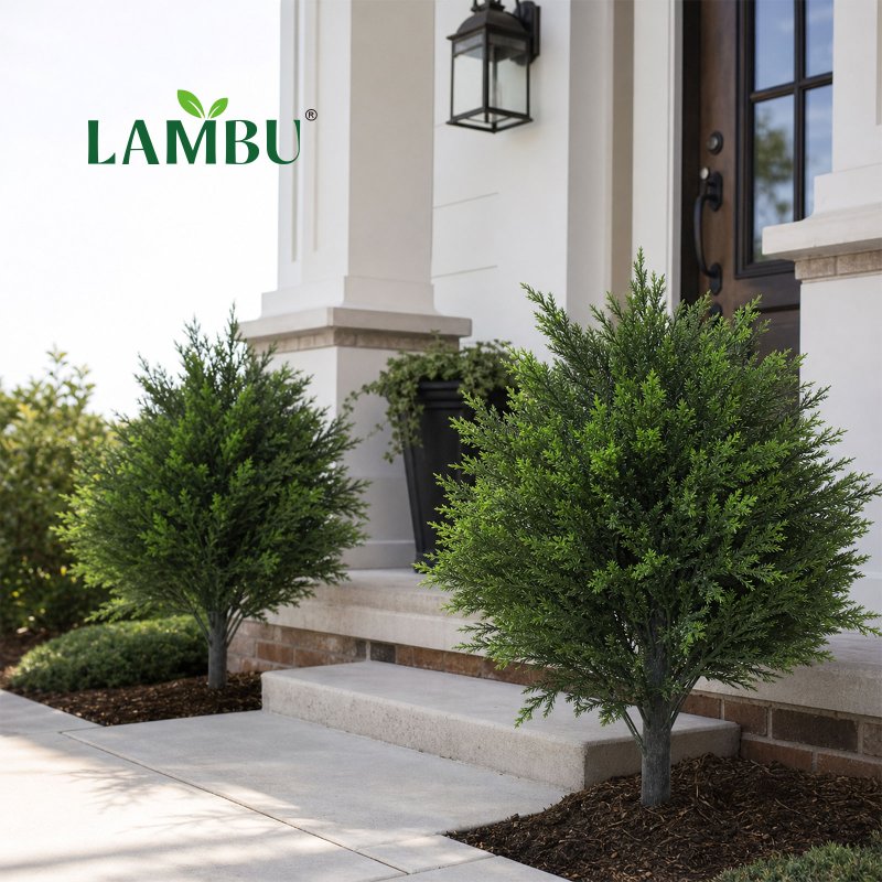 Lambu Artificial Cedar Topiary Balls Set of 2 Ground Spike Patio Garden Green