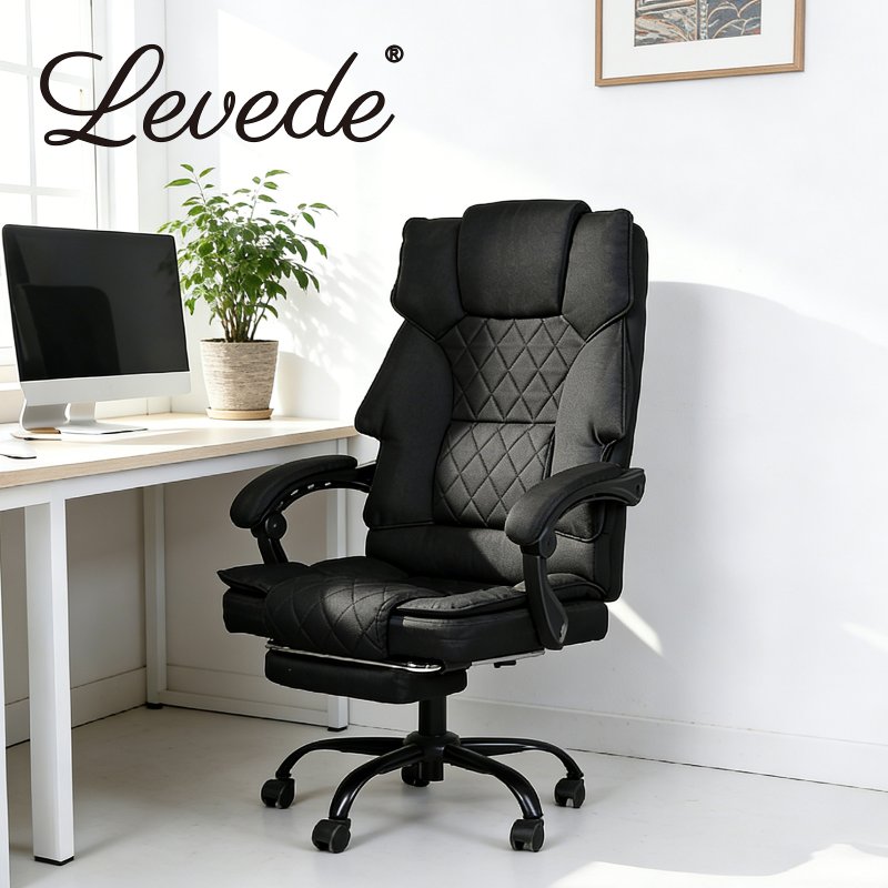 Levede Office Chair with Footrest Linen Fabric High Back Swivel 135?? Reclining