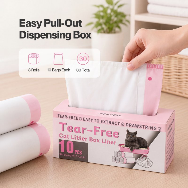 Skylos Cat Litter Bags XL for Standard Trays Heavy Duty Drawstring 30pc Pink
