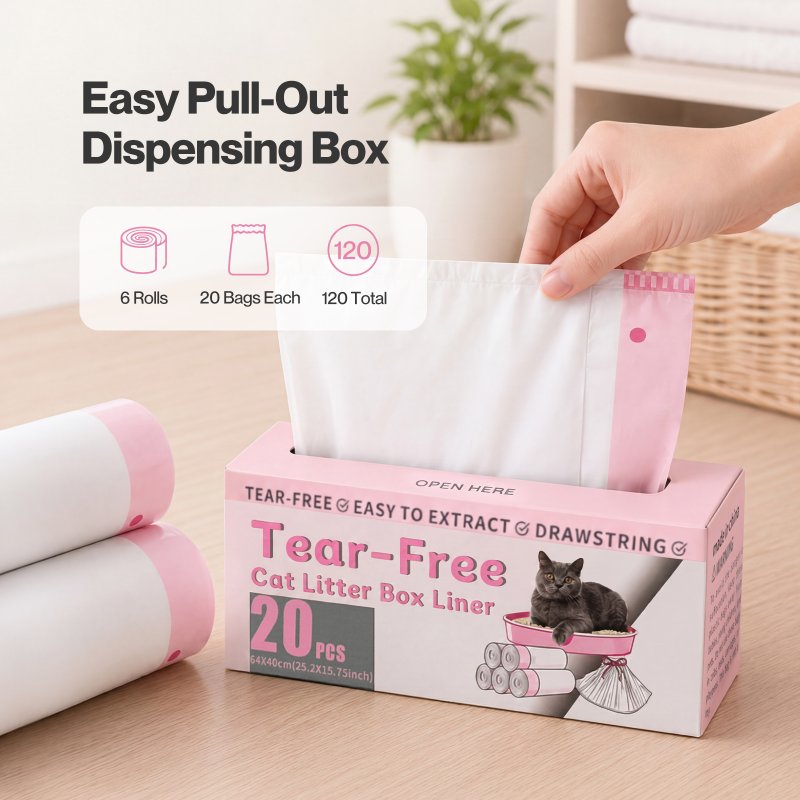 Skylos Cat Litter Bags for Robot Litter Box Drawstring 120 Pack HDPE Pink