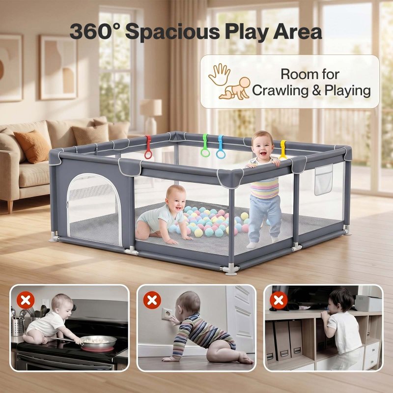 Dekko Baby Playpen 150x180cm Play Mat with 50 Ocean Balls 65cm Safe Height Grey