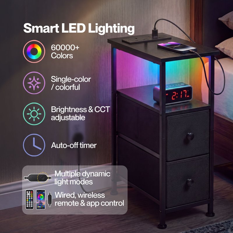 Levede Bedside Table Narrow Side Table with LED Charging Station Storage Black