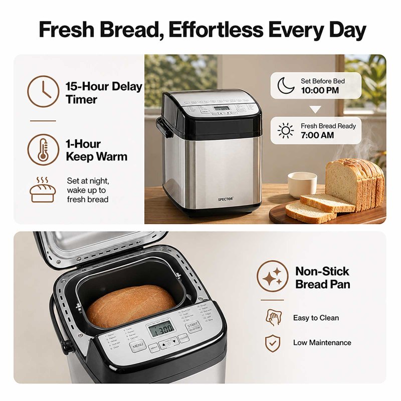 Spector Bread Maker 19 In 1 Compact Machine 15H Timer 1.5Lb for Home Baking