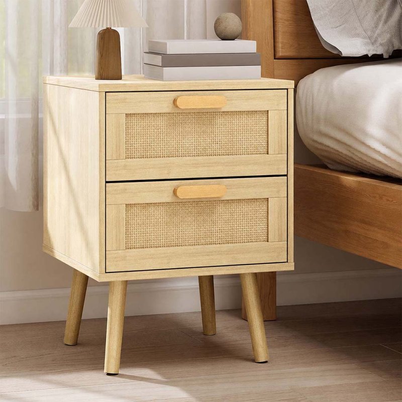 Levede Bedside Table Rattan 2 Pack Drawers Nightstand End Table Bedroom Bamboo