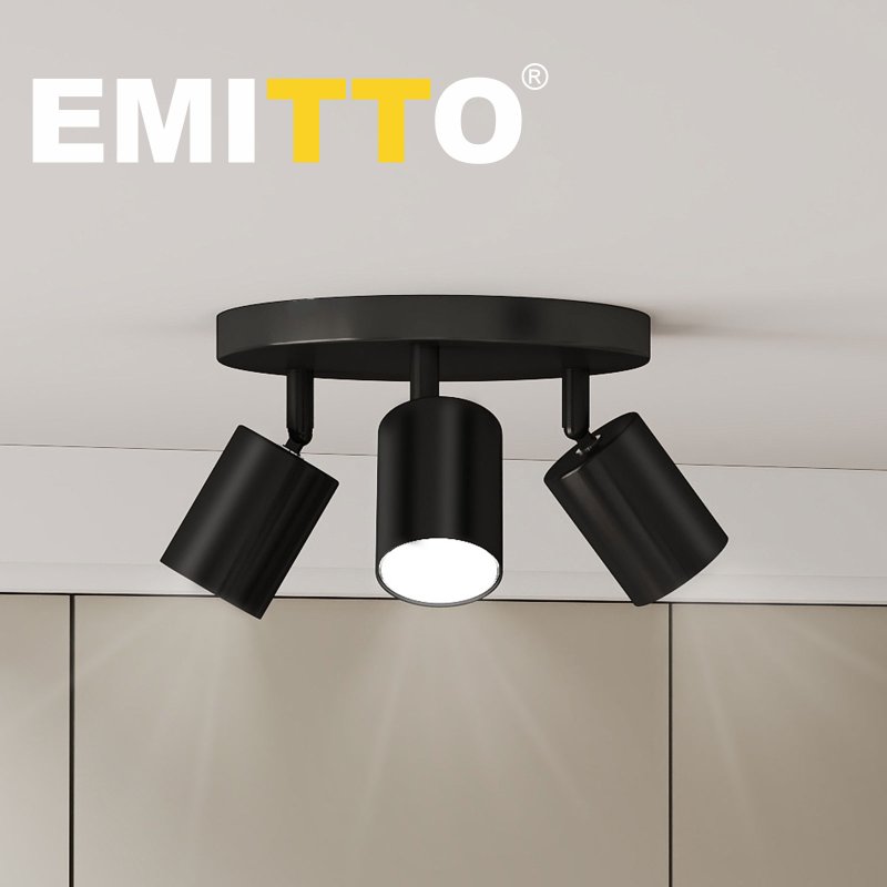 EMITTO 3-Way Spotlight Ceiling Light Adjustable GU10 Modern Black Round Base