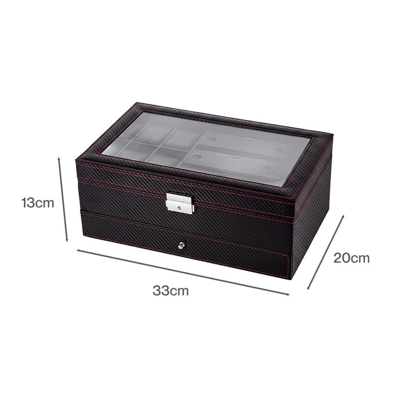 Watch Box Watch Storage Jewelry Box 2 Layer Glass Lid Lockable Display Black