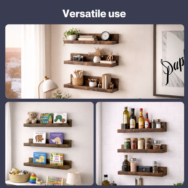 Levede Wall Shelves Set of 3 Floating Shelves High Edges For Living Room Brown