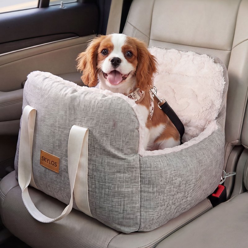 Skylos Dog Car Seat Safe Booster Bed Small Pets Travel Carrier Washable Beige