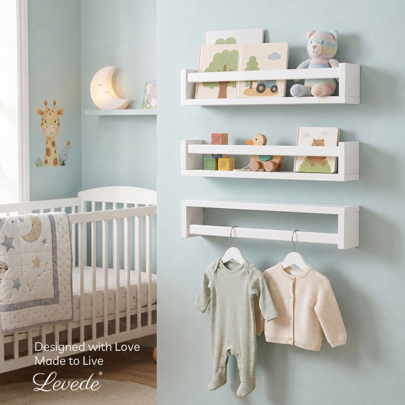 Levede Nursery Book Shelves Kids Wall Floating Shelf White Solid Wood 3 Pack
