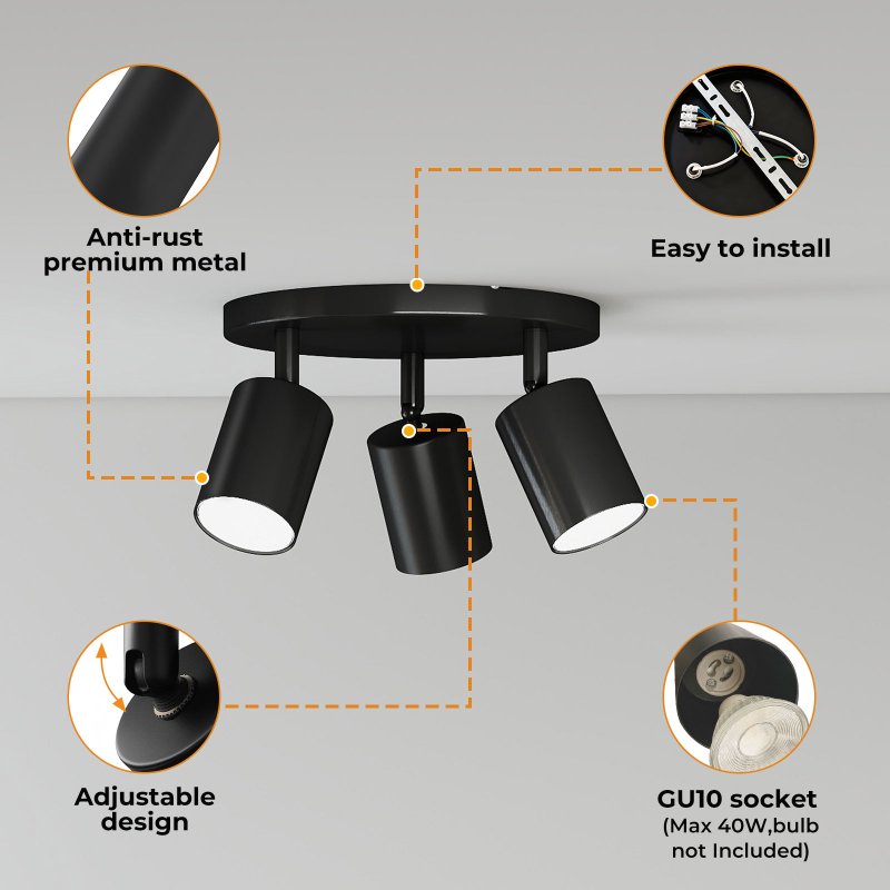 EMITTO 3-Way Spotlight Ceiling Light Adjustable GU10 Modern Black Round Base