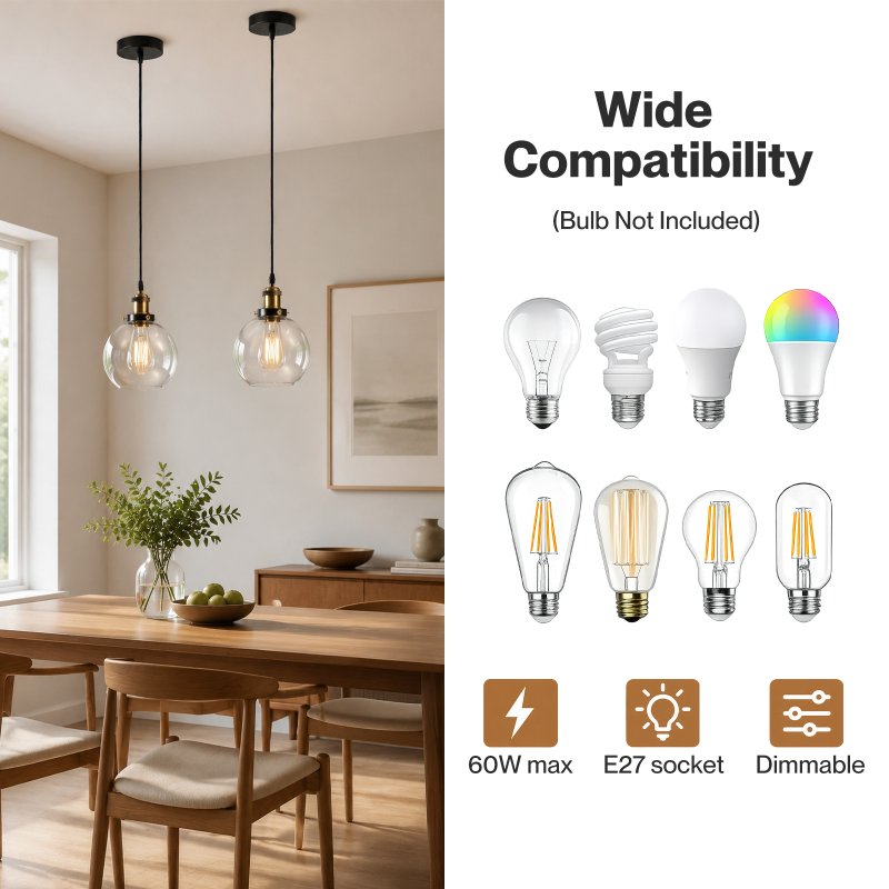 Emitto 2PCS Ceiling Pendant Light Industrial Glass LampShade Adjustable Cable