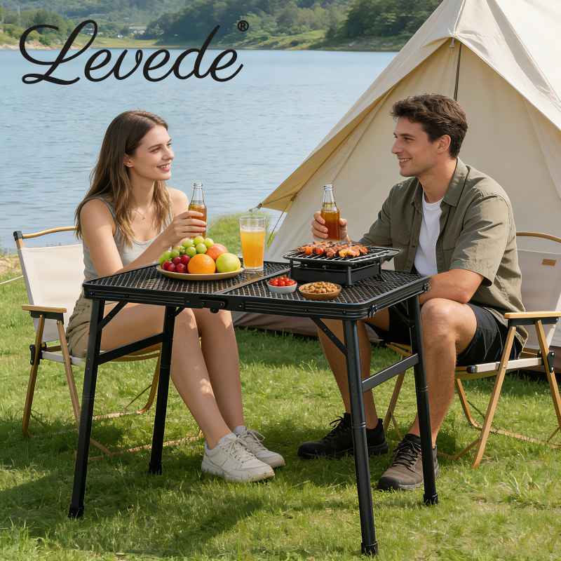 Levede Folding Camping Table Adjustable Height Aluminium Picnic Desk Black 90cm