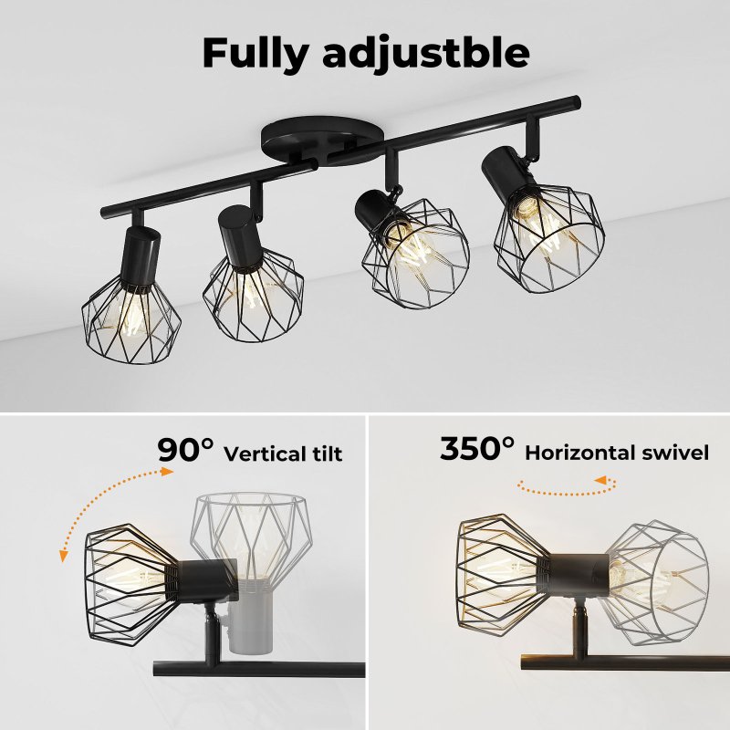 EMITTO LED Spot Ceiling Light 4-Way Adjustable Vintage Black Metal E14 Fixture