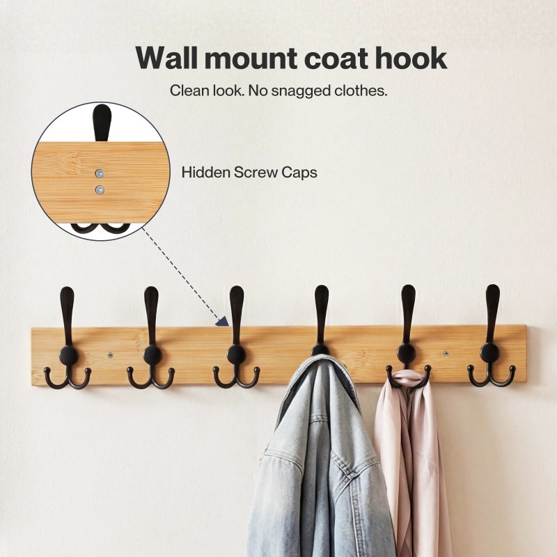 Levede Coat Rack Wall Mounted 6 Triple Hooks Holds Coats & Bags, Hallway Bamboo