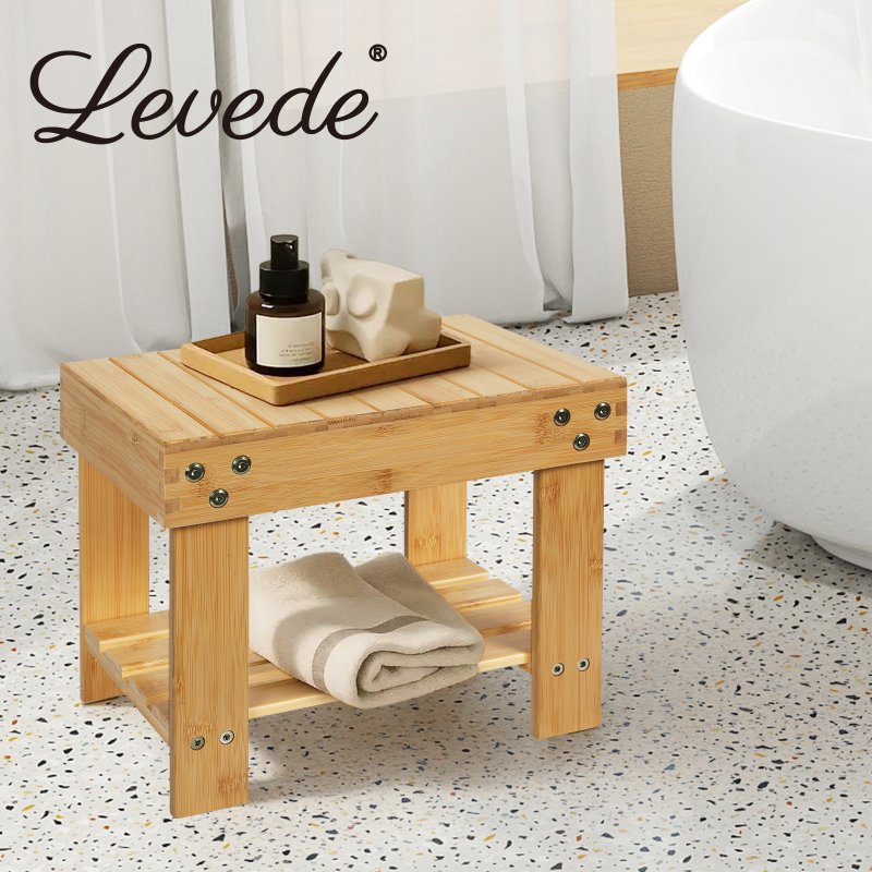 Levede Bamboo Stool Footrest Bathroom 2-Tier Shower Stool Bench Shoe Rack Seat