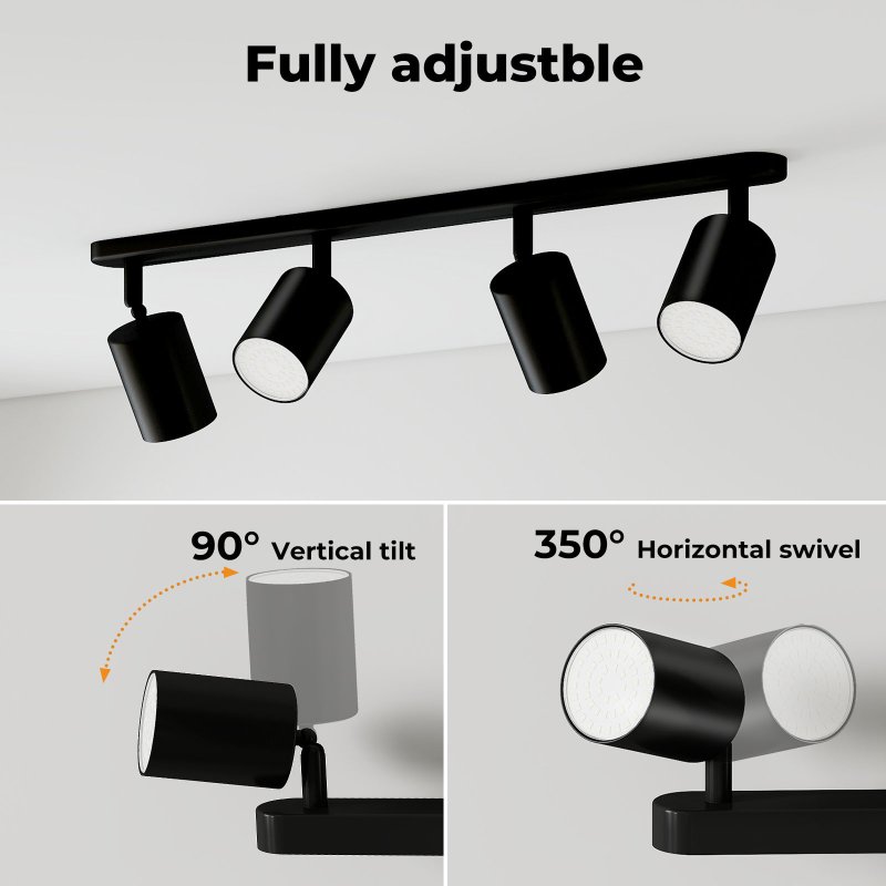 EMITTO Led Ceiling Spot Light GU10 4-Way Fully Adjustable Steel Modern Black
