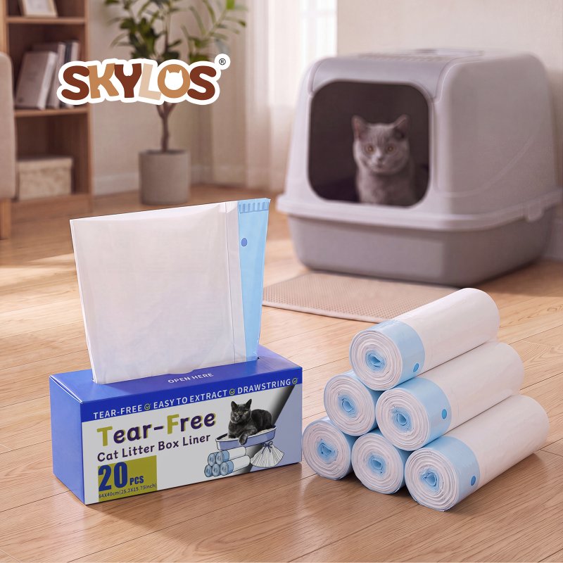 Skylos Cat Litter Bags Drawstring Tear Resistant 120 Pack Auto Litter Tray Blue