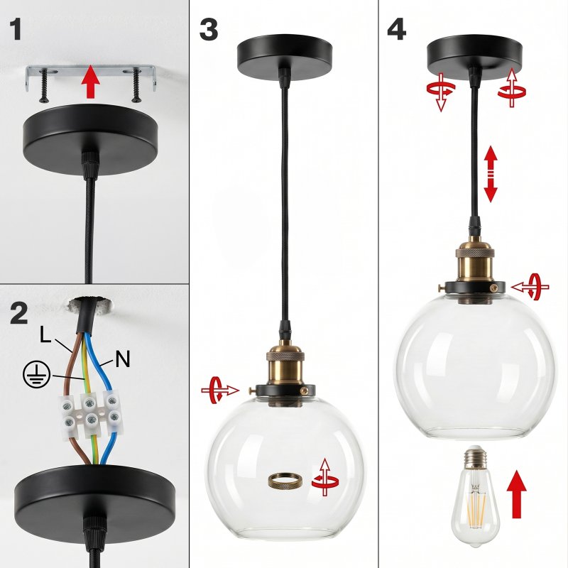Emitto 2PCS Ceiling Pendant Light Industrial Glass LampShade Adjustable Cable
