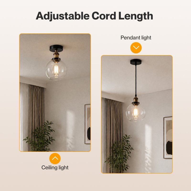 Emitto 2PCS Ceiling Pendant Light Industrial Glass LampShade Adjustable Cable