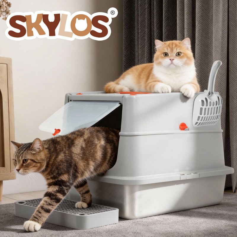 Skylos Stainless Steel Cats Litter Box Hooded High Enclosed Large Kitty Toilet
