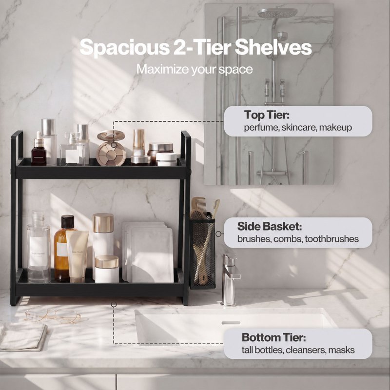 Levede Bathroom Organiser Countertop 2 Tier Perfume Skincare Storage Shelf Black